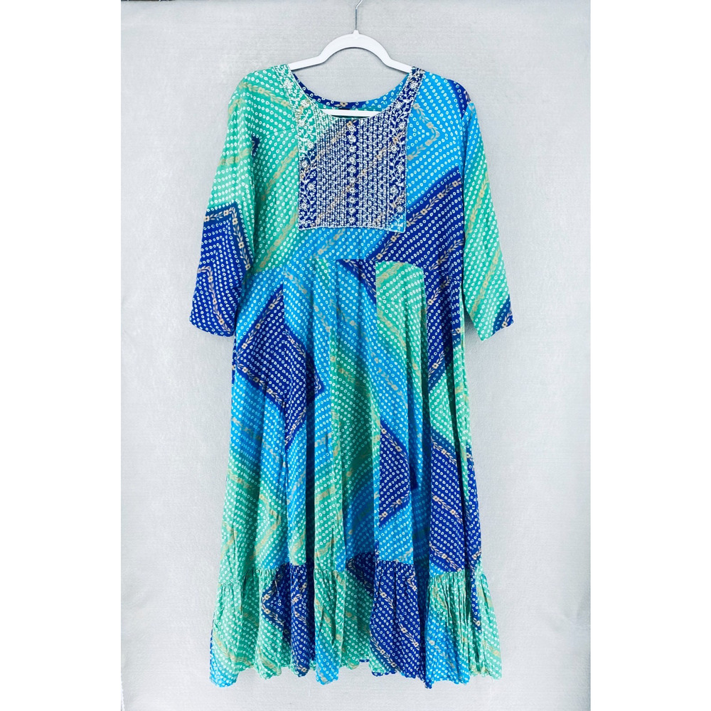Patchwork Boho Maxi Dress Womens M Blue Tiered Ruffle Sequins Cottage Festival